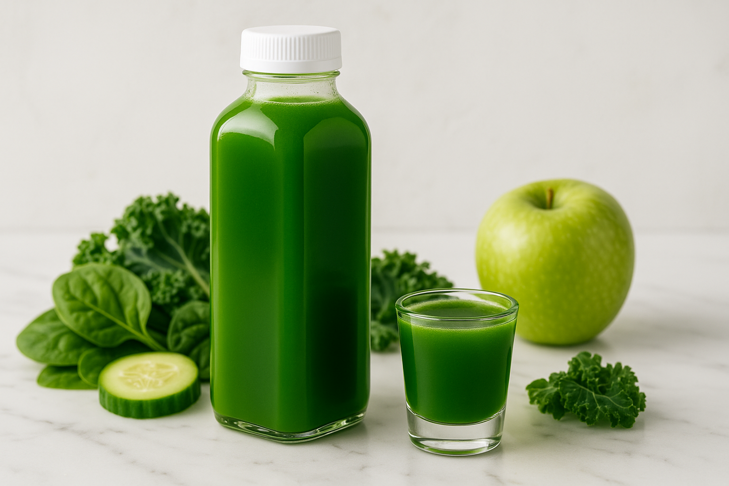 green juice bottle and shot